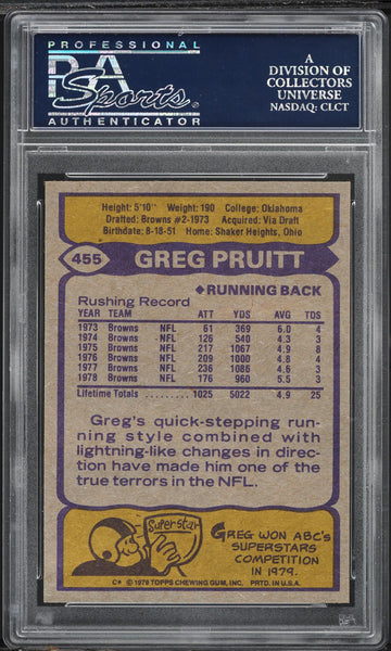 1979 Topps FB Card #455 Greg Pruitt Cleveland Browns HOF PSA 9 MINT (MGD2)