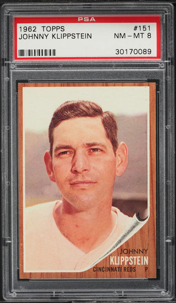 1962 Topps BB Card #151 Johnny Klippstein Cincinnati Reds PSA 8 NM-MT (MGD2)