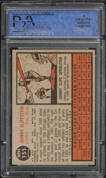 1962 Topps BB Card #151 Johnny Klippstein Cincinnati Reds PSA 8 NM-MT (MGD2)