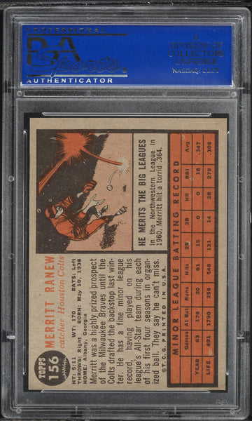 1962 Topps BB Card #156 Merritt Ranew Houston Colt .45s ROOKIE RC PSA 8 NM-MT (MGD2)