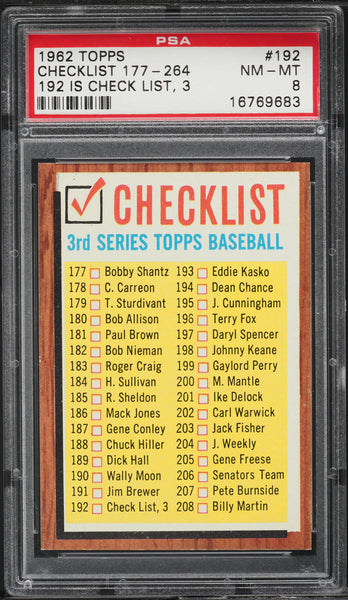 1962 Topps BB Card #192 Checklist 177-264 PSA 8 NM-MT (MGD2)