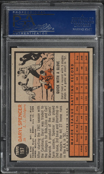 1962 Topps BB Card #197 Daryl Spencer Los Angeles Dodgers PSA 8 NM-MT (MGD2)