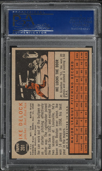 1962 Topps BB Card #201 Ike Delock Boston Red Sox PSA 8 NM-MT (MGD2)