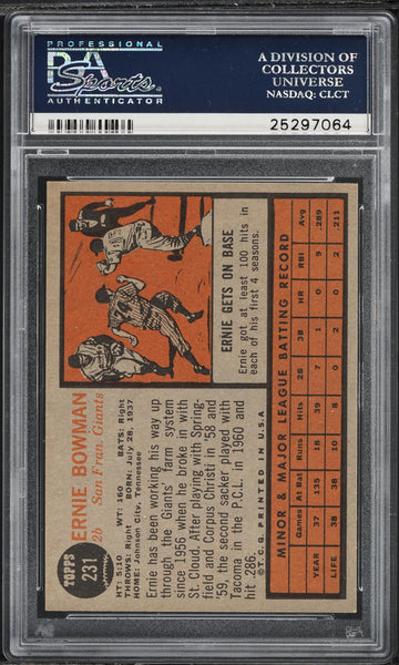 1962 Topps BB Card #231 Ernie Bowman San Francisco Giants ROOKIE RC PSA 8 (MGD2)