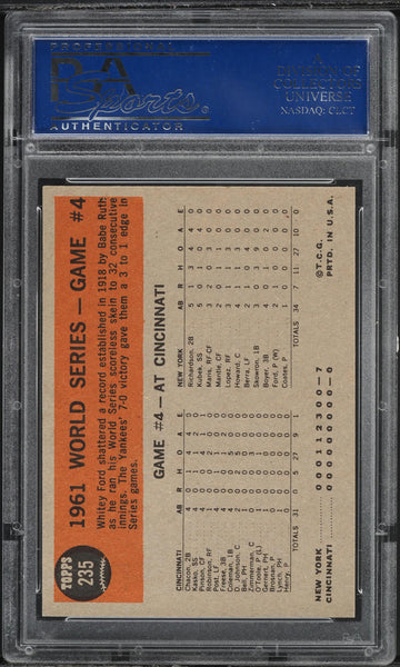 1962 Topps BB Card #235 Whitey Ford Yankees WORLD SERIES GAME 4 HOF PSA 8 NM-MT (MGD2)