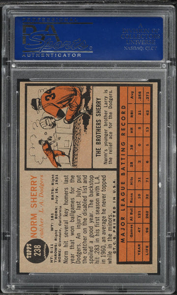 1962 Topps BB Card #238 Norm Sherry Los Angeles Dodgers PSA 8 NM-MT (MGD2)