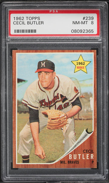 1962 Topps BB Card #239 Cecil Butler Milwaukee Braves ROOKIE RC PSA 8 NM-MT (MGD2)