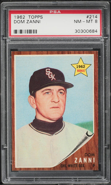 1962 Topps BB Card #214 Dom Zanni Chicago White Sox ROOKIE STARS PSA 8 NM-MT (MGD2)