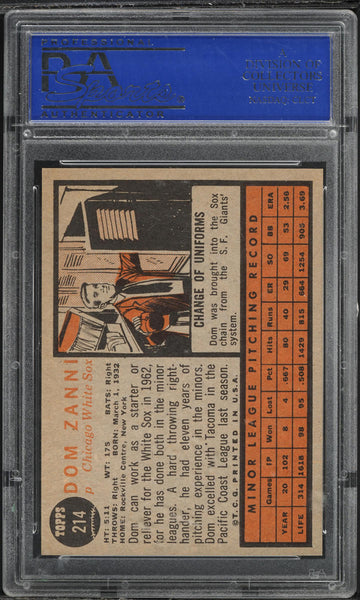 1962 Topps BB Card #214 Dom Zanni Chicago White Sox ROOKIE STARS PSA 8 NM-MT (MGD2)