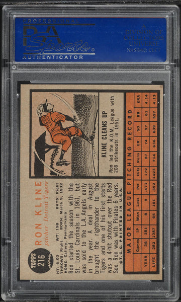 1962 Topps BB Card #216 Ron Kline Detroit Tigers PSA 8 NM-MT (MGD2)