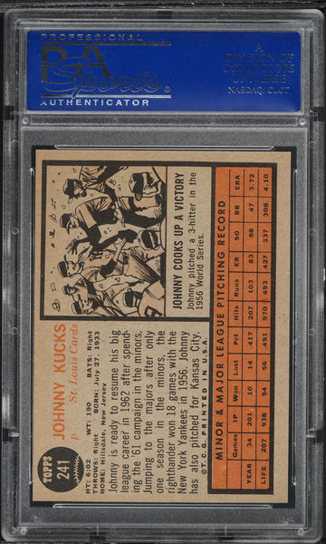 1962 Topps BB Card #241 Johnny Kucks St. Louis Cardinals PSA 8 NM-MT (MGD2)