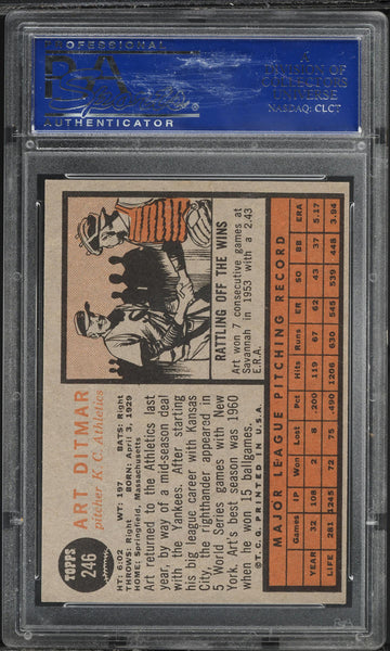 1962 Topps BB Card #246 Art Ditmar Kansas City Athletics PSA 8 NM-MT (MGD2)