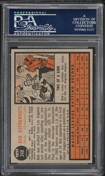 1962 Topps BB Card #248 Bob Aspromonte Houston Astros HOF PSA 8 NM-MT (MGD2)