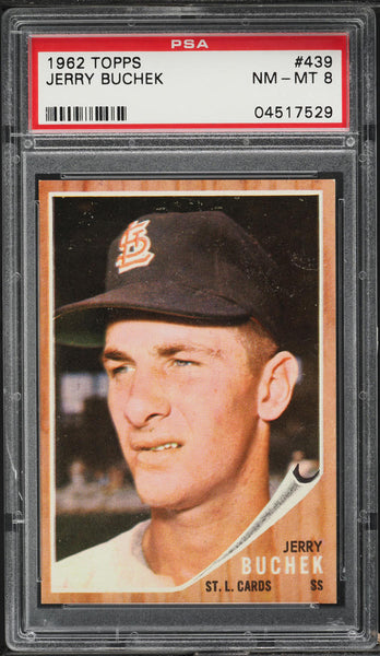 1962 Topps BB Card #439 Jerry Buchek St. Louis Cardinals ROOKIE RC PSA 8 NM-MT (MGD2)