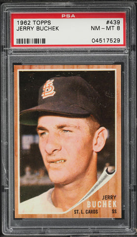 1962 Topps BB Card #439 Jerry Buchek St. Louis Cardinals ROOKIE RC PSA 8 NM-MT (MGD2)