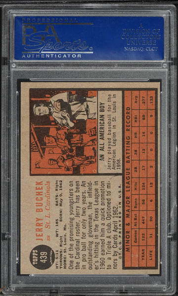 1962 Topps BB Card #439 Jerry Buchek St. Louis Cardinals ROOKIE RC PSA 8 NM-MT (MGD2)