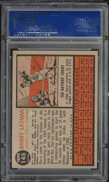 1962 Topps BB Card #145 Barry Latman Cleveland Indians PSA 8 NM-MT (MGD2)