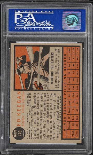 1962 Topps BB Card #249 Ed Keegan Philadelphia Phillies ROOKIE RC PSA 8 NM-MT (MGD2)