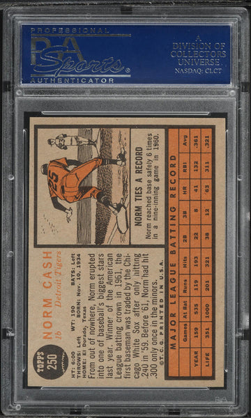 1962 Topps BB Card #250 Norm Cash Detroit Tigers PSA 8 NM-MT (MGD2)