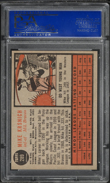 1962 Topps BB Card #289 Mike Krsnich Milwaukee Braves ROOKIE RC PSA 8 NM-MT (MGD2)