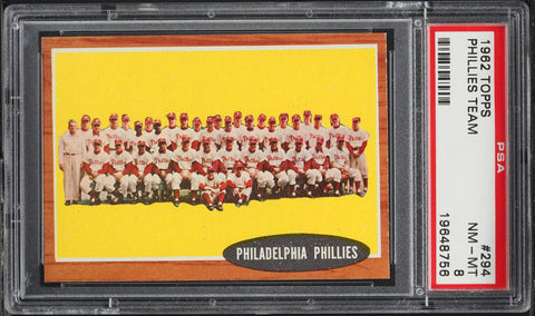 1962 Topps BB Card #294 Philadelphia Phillies TEAM CARD PSA 8 NM-MT (MGD2)