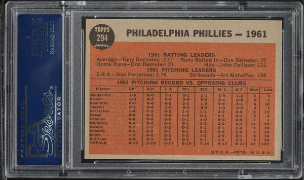 1962 Topps BB Card #294 Philadelphia Phillies TEAM CARD PSA 8 NM-MT (MGD2)