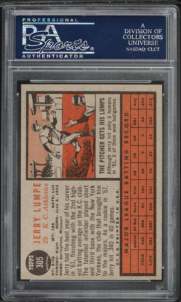 1962 Topps BB Card #305 Jerry Lumpe Kansas City Athletics PSA 8 NM-MT (MGD2)