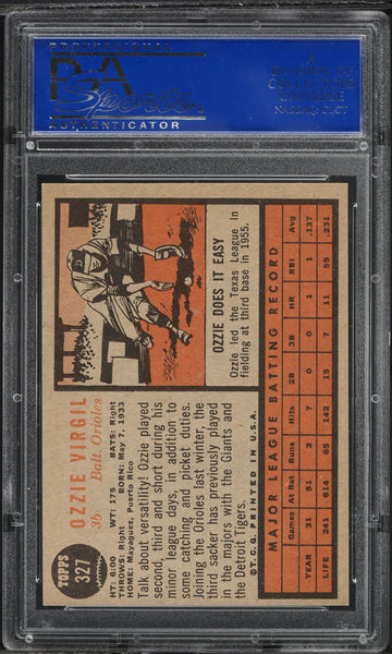 1962 Topps BB Card #327 Ozzie Virgil Baltimore Orioles PSA 8 NM-MT (MGD2)