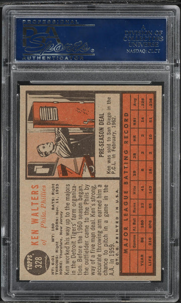 1962 Topps BB Card #328 Ken Walters Philadelphia Pillies PSA 8 NM-MT (MGD2)