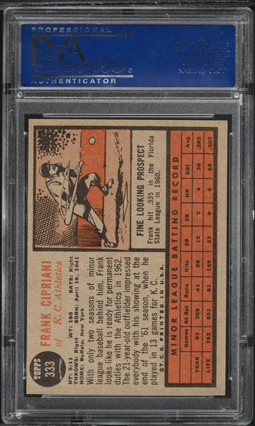 1962 Topps BB Card #333 Frank Cipriani Kansas City Athletics ROOKIE RC PSA 8 NM-MT (MGD2)