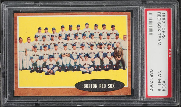 1962 Topps BB Card #334 Boston Red Sox TEAM CARD PSA 8 NM-MT (MGD2)