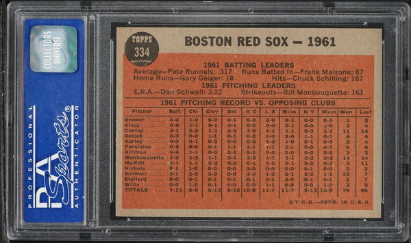 1962 Topps BB Card #334 Boston Red Sox TEAM CARD PSA 8 NM-MT (MGD2)