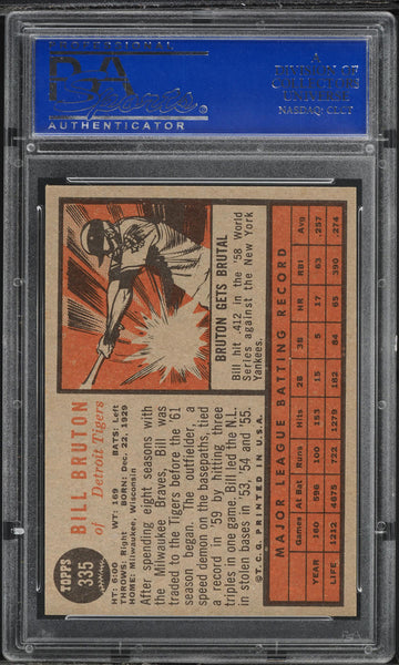 1962 Topps BB Card #335 Bill Bruton Detroit Tigers PSA 8 NM-MT (MGD2)