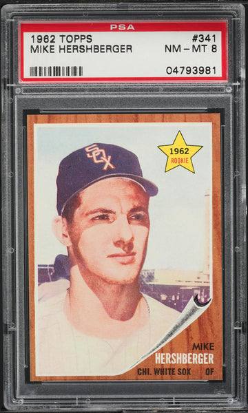 1962 Topps BB Card #341 Mike Hershberger Chicago White Sox ROOKIE RC PSA 8 NM-MT (MGD2)