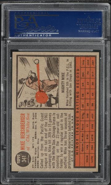 1962 Topps BB Card #341 Mike Hershberger Chicago White Sox ROOKIE RC PSA 8 NM-MT (MGD2)