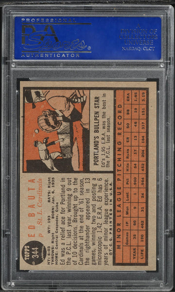 1962 Topps BB Card #344 Ed Bauta St. Louis Cardinals ROOKIE RC PSA 8 NM-MT (MGD2)