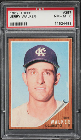 1962 Topps BB Card #357 Jerry Walker Kansas City Athletics PSA 8 NM-MT (MGD2)