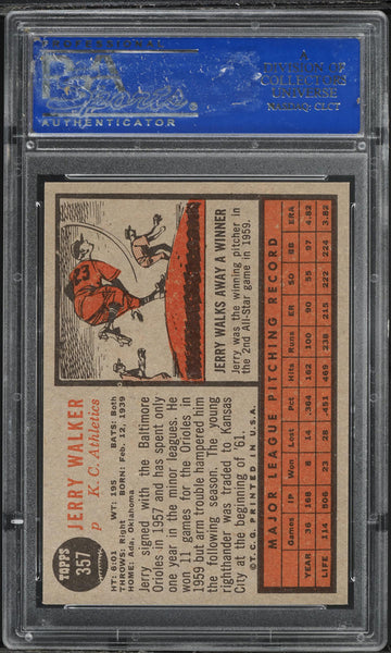 1962 Topps BB Card #357 Jerry Walker Kansas City Athletics PSA 8 NM-MT (MGD2)