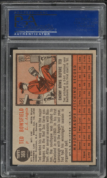 1962 Topps BB Card #369 Ted Bowsfield Los Angeles Angels HOF PSA 8 NM-MT (MGD2)