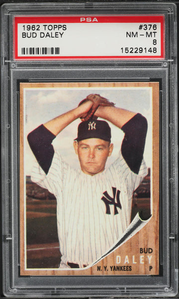 1962 Topps BB Card #376 Bud Daley New York Yankees PSA 8 NM-MT (MGD2)