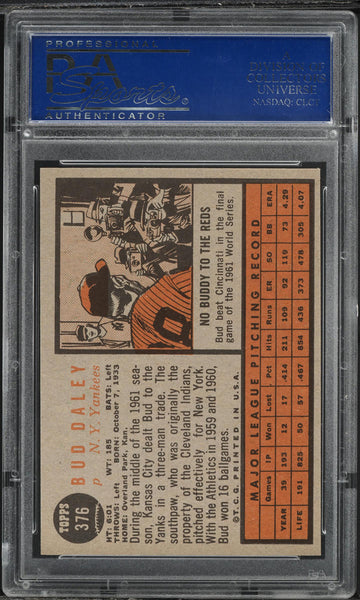 1962 Topps BB Card #376 Bud Daley New York Yankees PSA 8 NM-MT (MGD2)