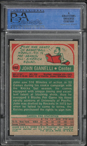 1973 Topps BkB Card #162 John Gianelli New York Knicks PSA 9 MINT (MGD2)