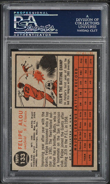 1962 Topps BB Card #133 Felipe Alou San Francisco Giants HOF PSA 8 NM-MT (MGD2)