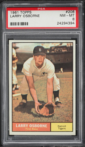 1961 Topps BB Card #208 Larry "Bobo" Osborne Detroit Tigers PSA 8 NM-MT (MGD2)