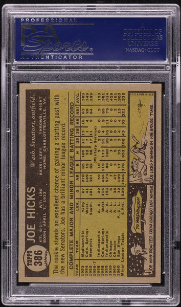 1961 Topps BB Card #386 Joe Hicks Washington Senators ROOKIE RC PSA 8.5 NM-MT+ (MGD2)