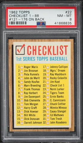 1962 Topps BB Card # 22 Baseball Checklist 1-88 #121-176 ON BACK PSA 8 NM-MT (MGD2)