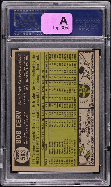 1961 Topps BB Card #563 Bob Cerv New York Yankees PSA 8 NM-MT (PWCC-A) (MGD2)