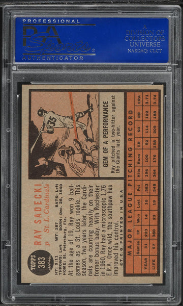 1962 Topps BB Card #383 Ray Sadecki St. Louis Cardinals PSA 8 NM-MT (MGD2)