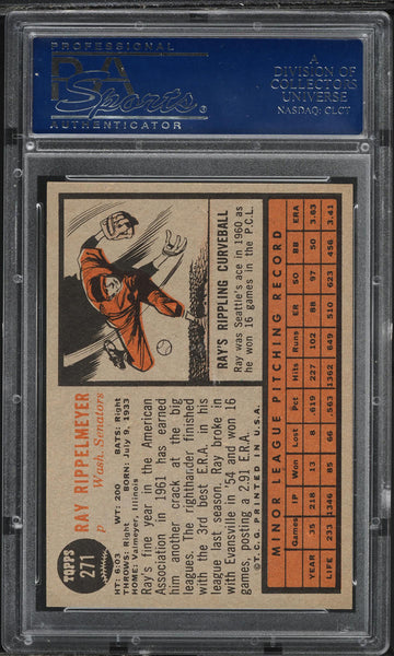 1962 Topps BB Card #271 Ray Rippelmeyer Washington Senators ROOKIE RC PSA 8 (MGD2)