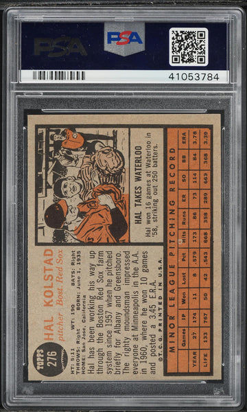 1962 Topps BB Card #276 Hal Kolstad Boston Red Sox ROOKIE RC PSA 8 NM-MT (MGD2)